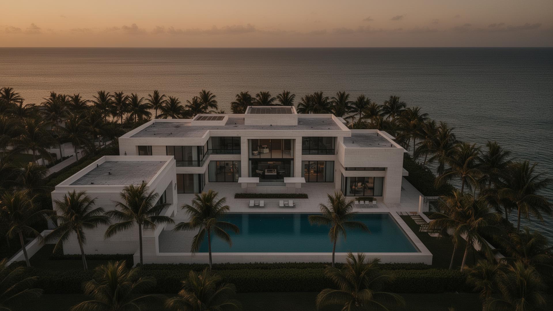 Architectural waterfront estate at twilight